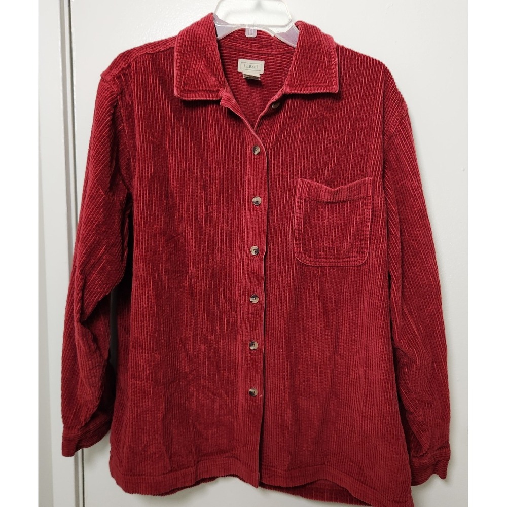 LL Bean Women's Plush Cotton Corduroy Button Down Shirt Size Large Red Gorpcore